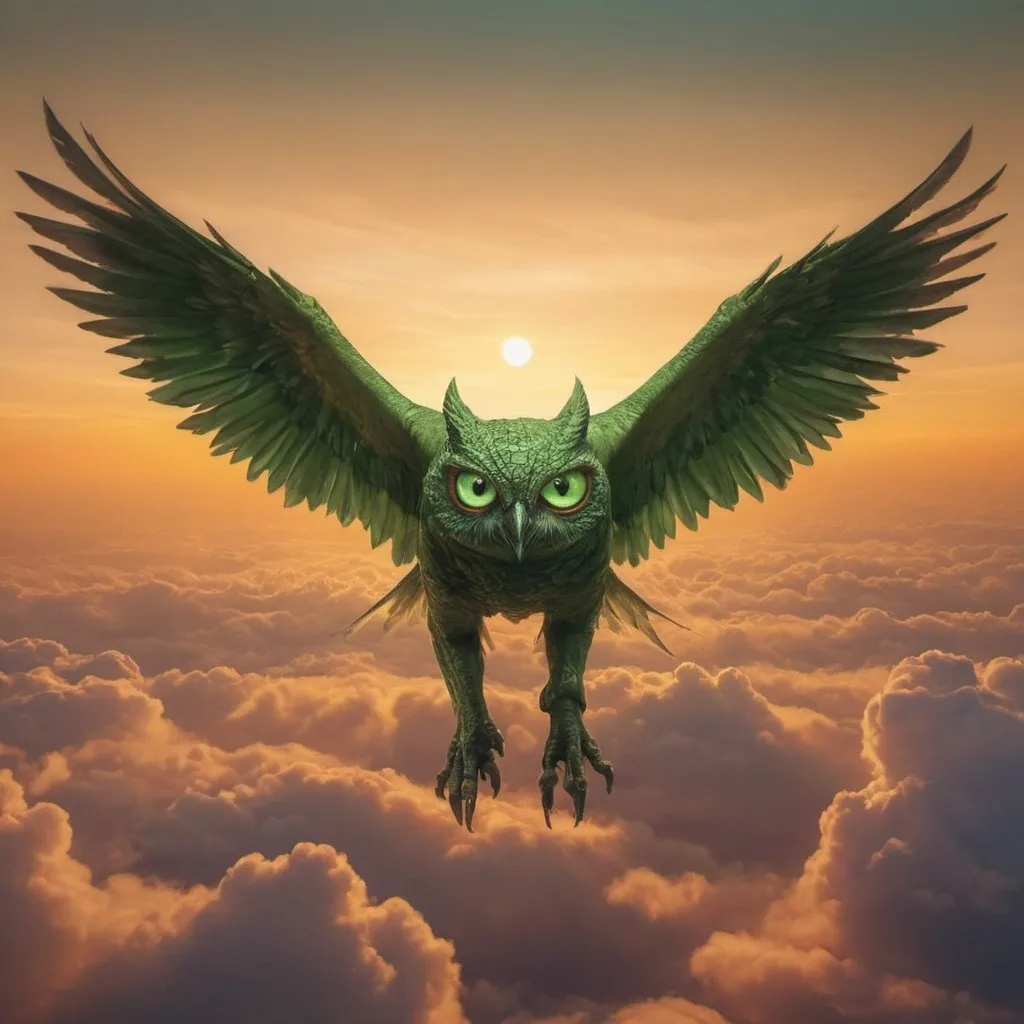 Prompt: seven giant green eyes on a winged ring in flight, colorful apocalypse background, golden hour overhead lighting, extra wide angle view, infinity vanishing point