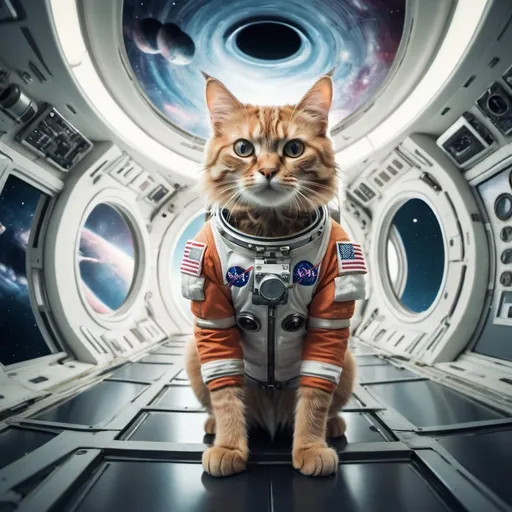Prompt: Cat Astronaut, near a surreal space station, evil planet background, 25 degree offset, wide angle perspective, infinity vanishing point