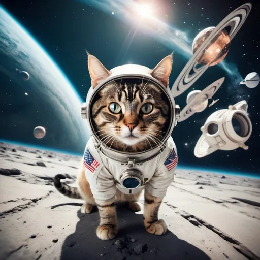 Prompt: Cat dressed as an Astronaut floating outside a distant ancient surreal space station, an evil techno-planet in the background, 25 degree offset, wide angle perspective, infinity vanishing point