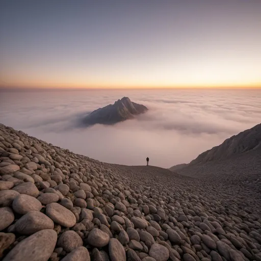 Prompt: Mons Olympus, accurate scale, overhead golden hour lighting, foggy wide angle view, infinity vanishing point