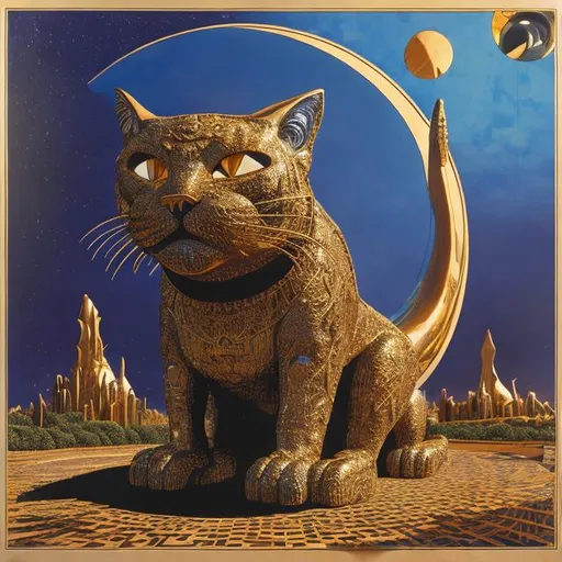 Prompt: ((((giant cat playing guitar) sapphire statue inlaid with gold filigree) in the style of Jacek Yerka) wide perspective view) infinity vanishing point