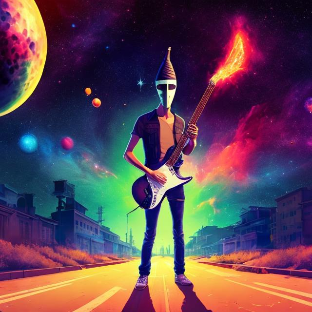 Prompt: panoramic view of a guitar player with a turkey head, on the street corner, vanishing point perspective, galaxy and nebula background