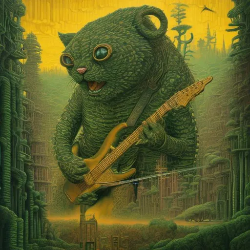 Prompt: giant green gold statue of a giant cat playing guitar, in the style of Jacek Yerka, widescreen view, infinity vanishing point