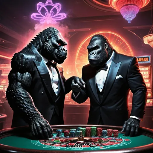 Prompt: godzilla and king kong, wearing tuxedos, playing roulette in an exotic casino, smokey background, overhead neon black lighting