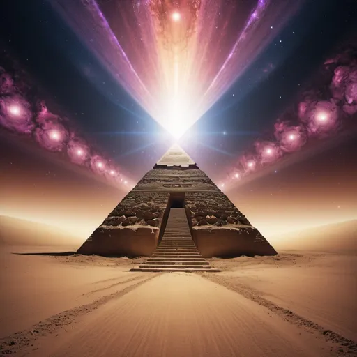 Prompt: Pyramid Power, wide angle perspective, surreal galaxy background, infinity vanishing point