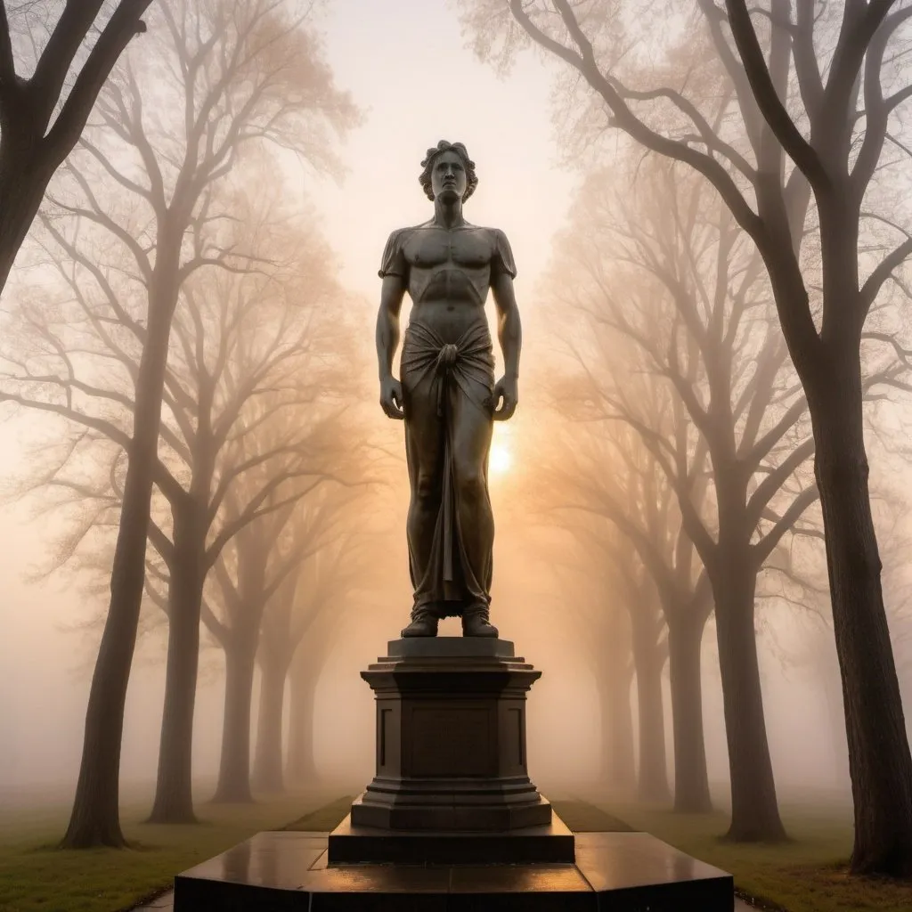 Prompt: guilty statue, overhead golden hour lighting, foggy wide angle view, infinity vanishing point