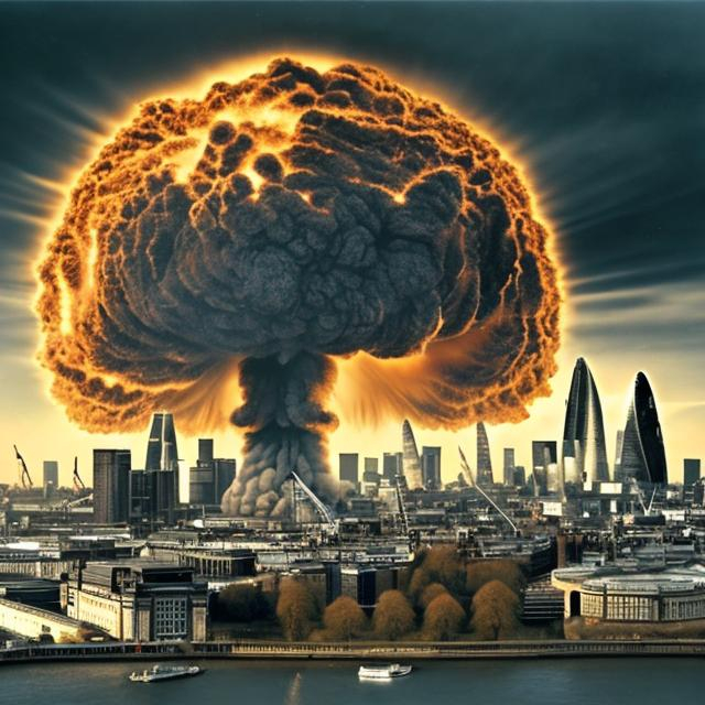 Prompt: london skyline, nuclear test blast background