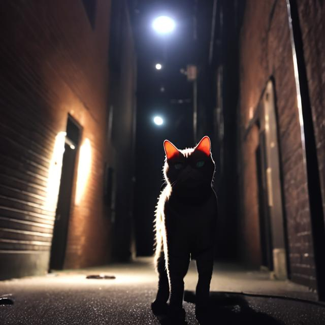 Prompt: secret agent cat in a dark alley, overhead lighting, wide view