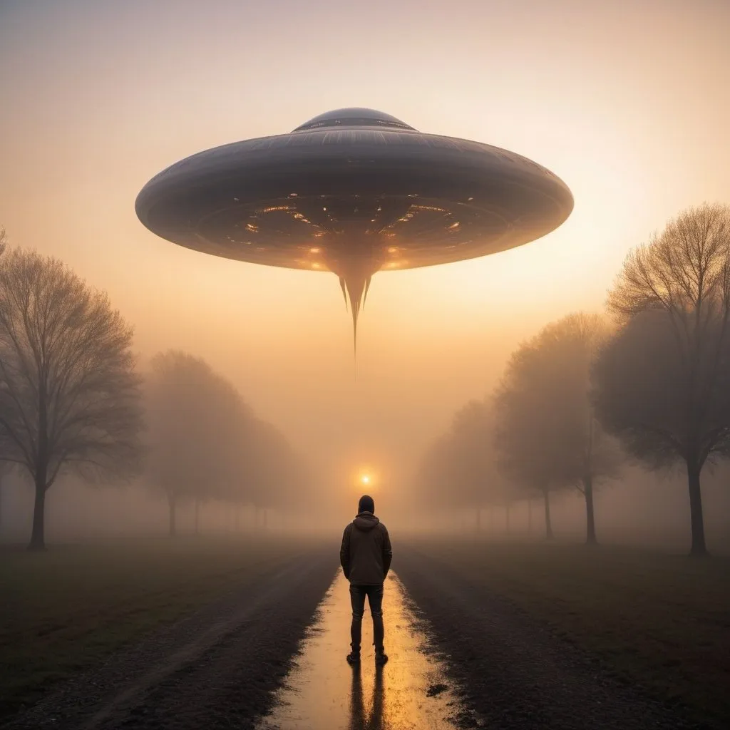 Prompt: biggest alien in the world, overhead golden hour lighting, foggy wide angle view, infinity vanishing point