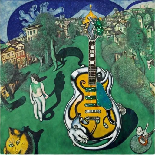 Prompt: ((((giant cat playing guitar) chrome statue inlaid with emeralds) in the style of Chagall) wide perspective view) infinity vanishing point