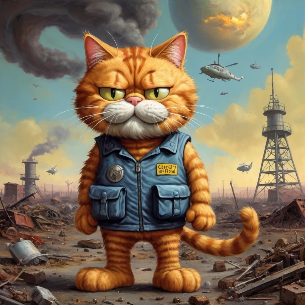 Prompt: Garfield the Cat Saves The World, post-nuclear-age-apocalyptic-science-fiction, surreal oil painting style, book cover