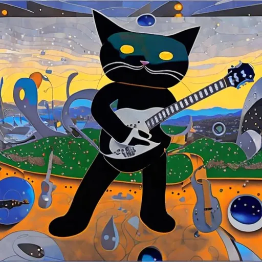 Prompt: ((((giant cat playing guitar) chrome statue inlaid with sapphires) in the style of Miro) wide perspective view) infinity vanishing point