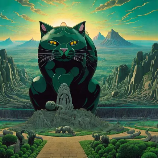 Prompt: ((((giant cat playing guitar) obsidian  statue inlaid with green jade) in the style of Jacek Yerka) wide perspective view) infinity vanishing point