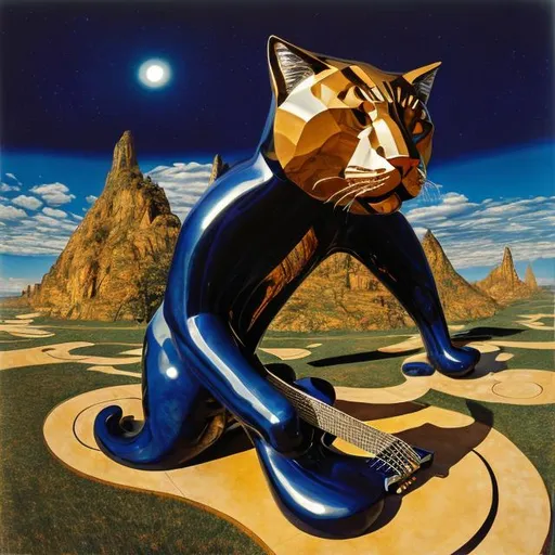 Prompt: ((((giant cat playing guitar) sapphire statue inlaid with gold) in the style of Jacek Yerka) wide perspective view) infinity vanishing point