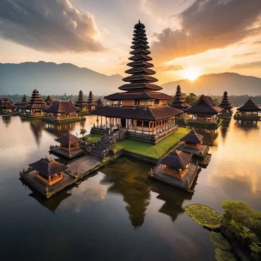 Prompt: ancient city of Pura Ulun Danu Bratanu style mega skyscrapers, overhead golden hour lighting, extra wide angle view, infinity vanishing point