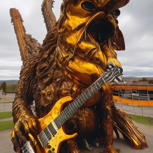 Prompt: giant rust streaked yellow metal statue of a giant cat playing guitar, in the style of Ernst Fuchs, widescreen view, infinity vanishing point