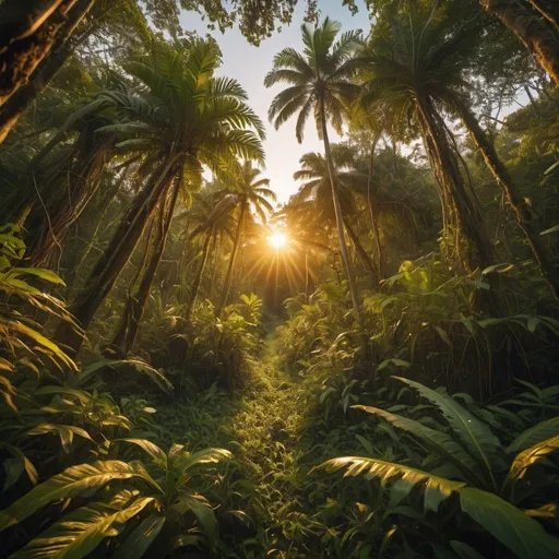 Prompt: strange jungle, overhead golden hour lighting, extra wide angle field of view, infinity vanishing point