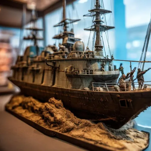 Prompt: ship diorama on display inside a glass bottle