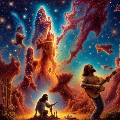 Prompt: wide view, jesus playing guitar at a bbq on a street corner, infinity vanishing point, pillars of creation nebula background