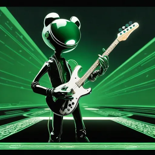 Prompt: ((((deadmau5 playing guitar) chrome statue inlaid with emeralds) in the style of Ron English) infinity vanishing point) wide perspective view