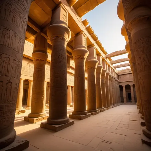 Prompt: Great Hypostyle Hall, overhead golden hour lighting, extra wide angle field of view, infinity vanishing point