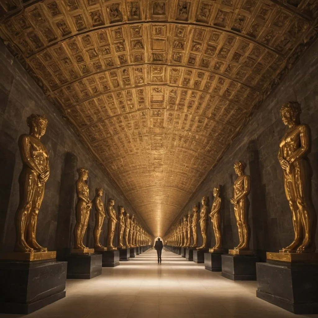 Prompt: Endless Giant Statues of Time, golden overhead lighting, extra wide angle view, infinity vanishing point