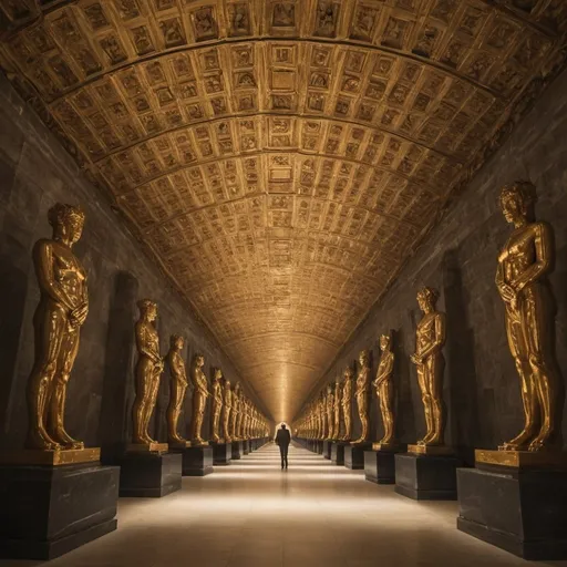 Prompt: Endless Giant Statues of Time, golden overhead lighting, extra wide angle view, infinity vanishing point