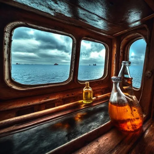 Prompt: ship inside a glass bottle