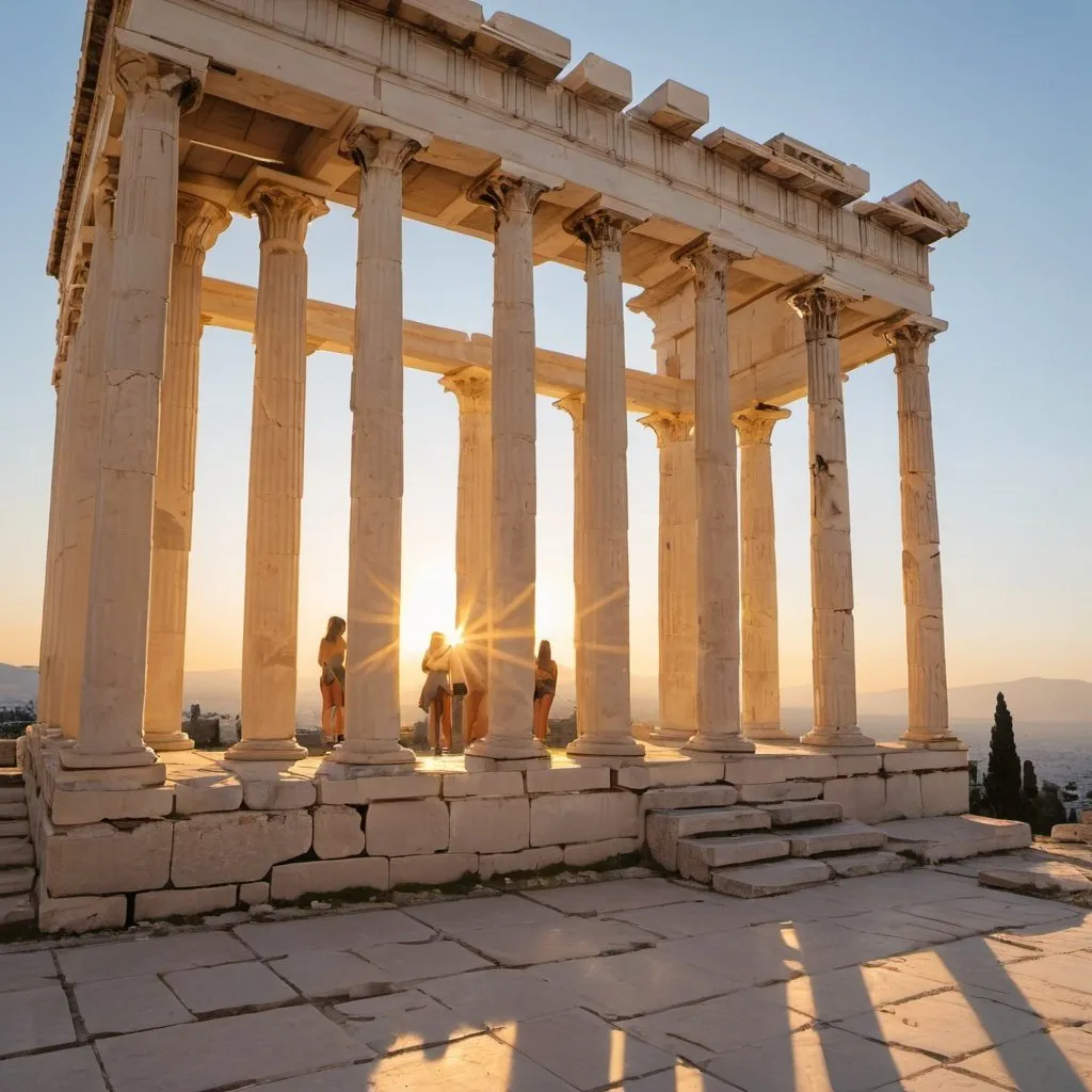 Prompt: The Porch of the Maidens at the Erechtheion, overhead golden hour lighting, extra wide angle field of view, infinity vanishing point