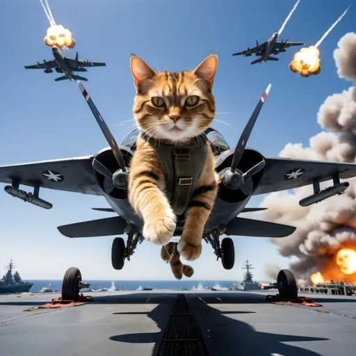 Prompt: Kamikaze Cat pilot, flying in a Yokosuka MXY-7 Ohka, surrounded by black flak explosions, wide angle perspective, surreal aircraft carrier background, infinity vanishing point