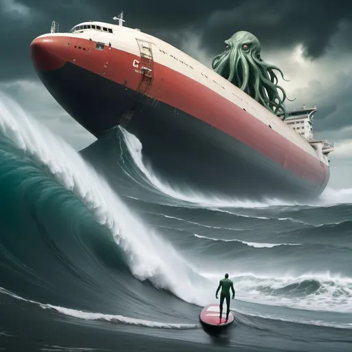 Prompt: cthulu surfing the largest giant tsunami wave, possessed ghost ULCC supertanker in foreground, overhead lighting, wide angle view, surreal background proportions, infinity vanishing point