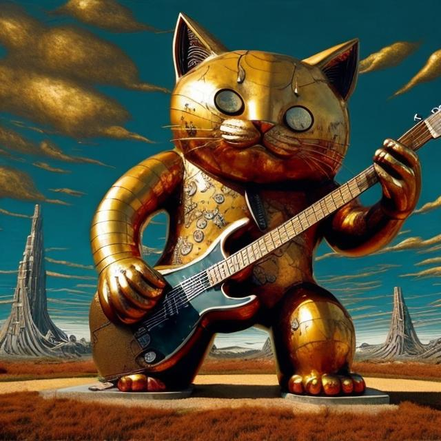 Prompt: giant rusty gold metal statue of a giant cat playing guitar, in the style of Jacek Yerka, widescreen view, infinity vanishing point