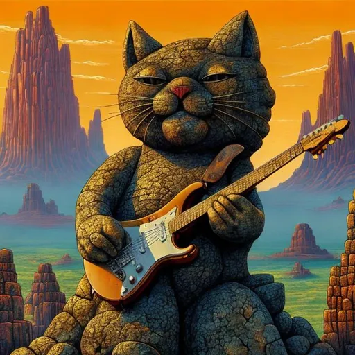 Prompt: giant rusty granite statue of a giant cat playing guitar, in the style of Jacek Yerka, widescreen view, infinity vanishing point