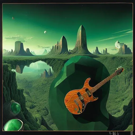 Prompt: giant obsidian inlaid with green jade cat playing guitar, in the style of Jacek Yerka, wide perspective view, infinity vanishing point