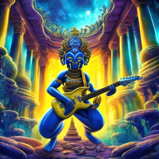 Prompt: wide view of a sapphire bodybuilding vishnu playing guitar at an exotic temple, tropical jungle background, galaxy sky, infinity vanishing point