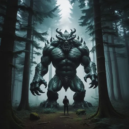 Prompt: giant monster statue in a dark forest