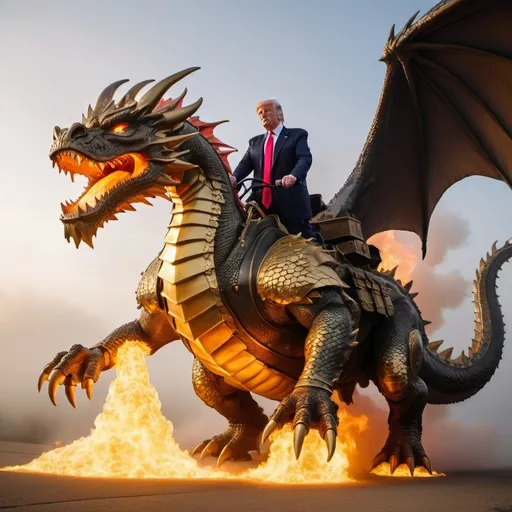 Prompt: Trump riding the biggest giant firebreathing armored war-dragon in the world, overhead golden hour lighting, foggy wide angle view, infinity vanishing point