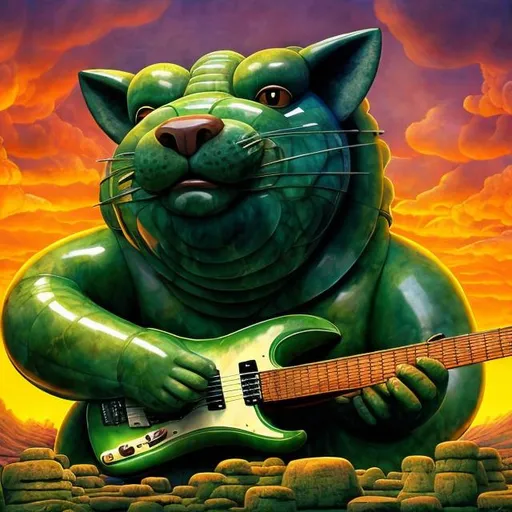 Prompt: giant jade statue of giant cat playing a guitar, widescreen view, infinity vanishing point, in the style of Jacek Yerka