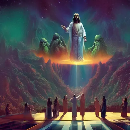Prompt: wide view of jesus and the twelve apostles playing guitars, at an exotic rooftop infinity pool, infinity vanishing point, cthulhu nebula background