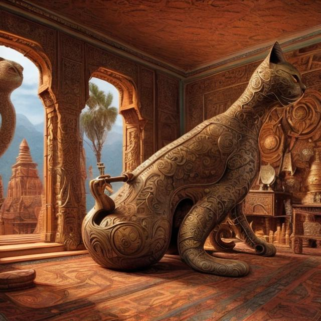 Prompt: panorama widescreen view of a giant bronze cat playing a sitar, infinity vanishing point, in the style of Jacek Yerka