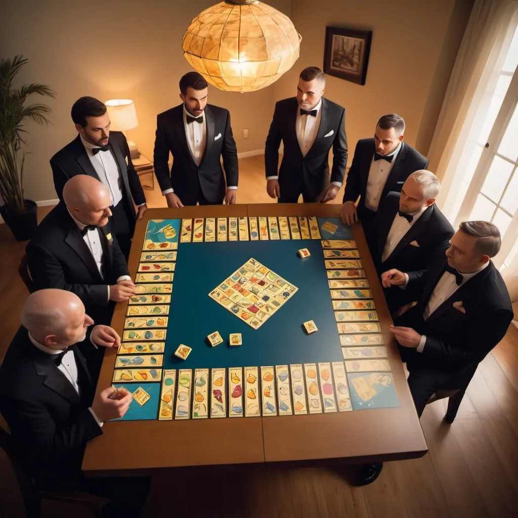 Prompt: fish in tuxedos, playing a complicated exotic board game, golden hour overhead lighting, extra wide angle view, infinity vanishing point