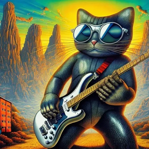 Prompt: giant chrome cat playing a guitar, widescreen view, infinity vanishing point, in the style of Jacek Yerka