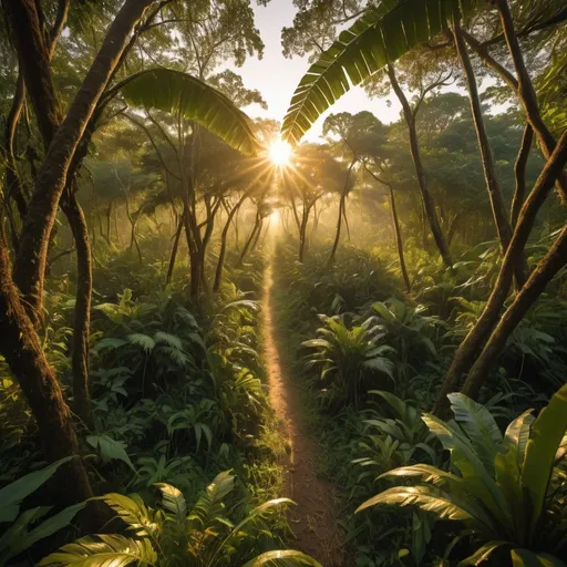 Prompt: strange jungle, overhead golden hour lighting, extra wide angle field of view, infinity vanishing point