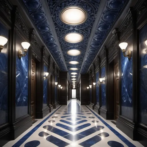 Prompt: surreal AI response, ornately detailed sapphire onyx bas relief hallway, overhead lighting shadows, wide angle view, infinity vanishing point