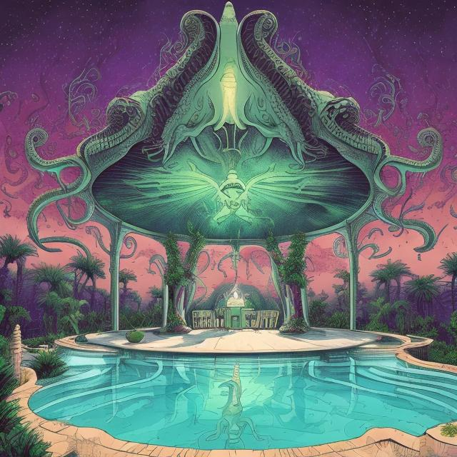 Prompt: wide perspective, jesus band playing guitars at an exotic poolside patio gazebo party, infinity vanishing point, Cthulhu nebula background
