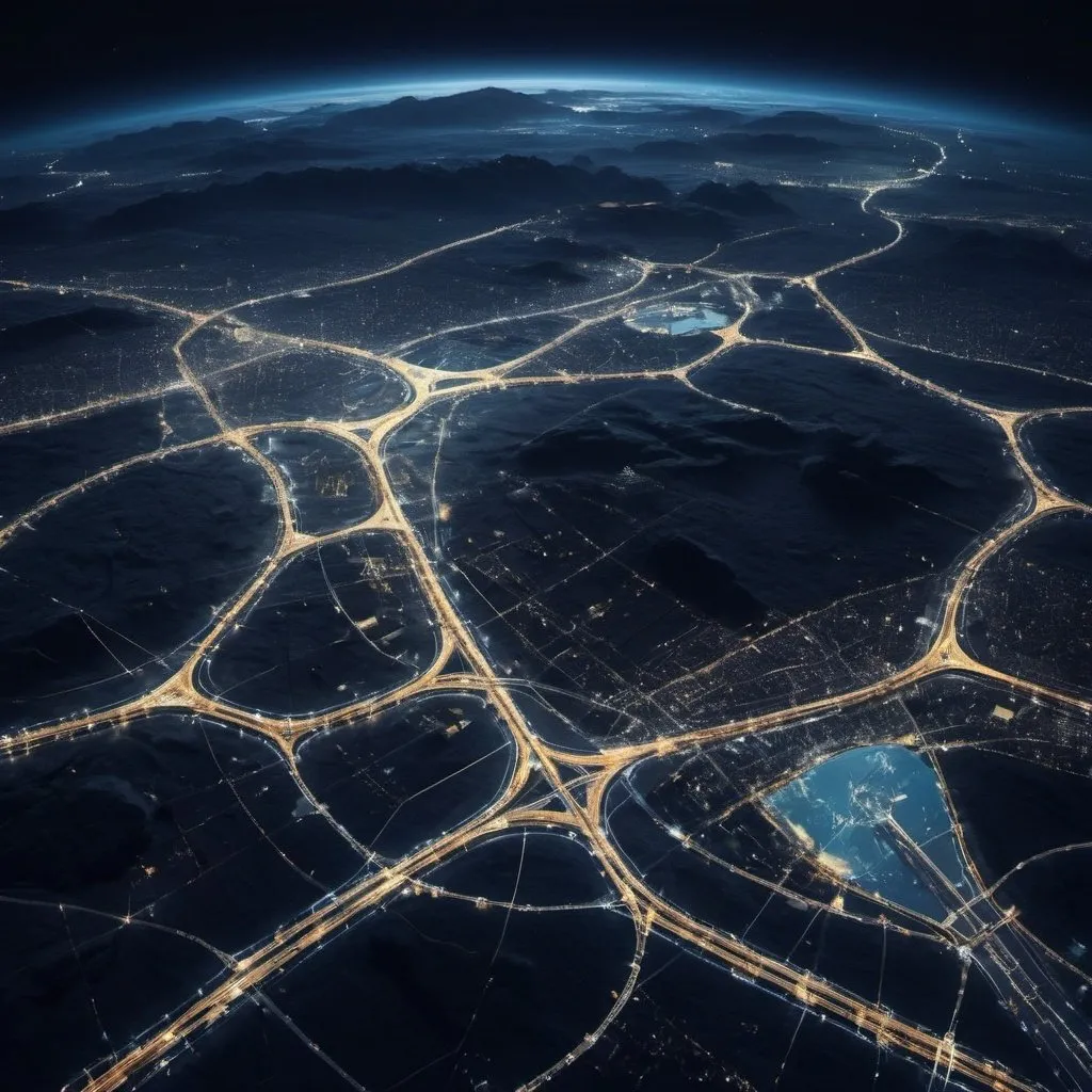 Prompt: view from orbit at night, of a superhighway network, around a giant cat