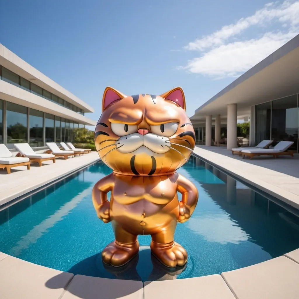 Prompt: giant garfield the cat in a swimsuit metallic statue, large wide infinity pool, wide angle view, 25 degree offset, infinity vanishing point