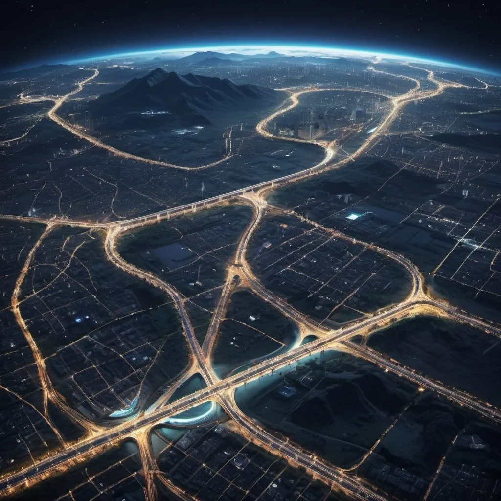Prompt: view from orbit at night, of a superhighway network, around a giant cat