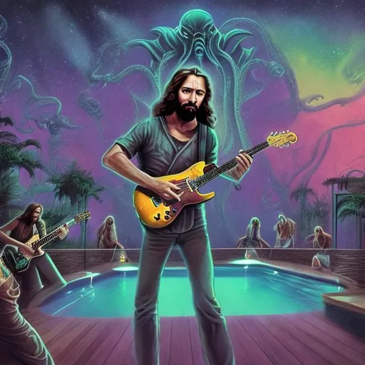 Prompt: wide image of jesus band playing guitars at an exotic rooftop infinity poolside patio barbeque grill, infinity vanishing point, cthulhu nebula background