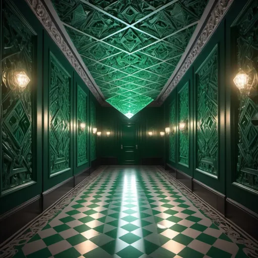Prompt: surreal AI response, ornately detailed diamond emerald bas relief hallway, overhead lighting shadows, wide angle view, infinity vanishing point